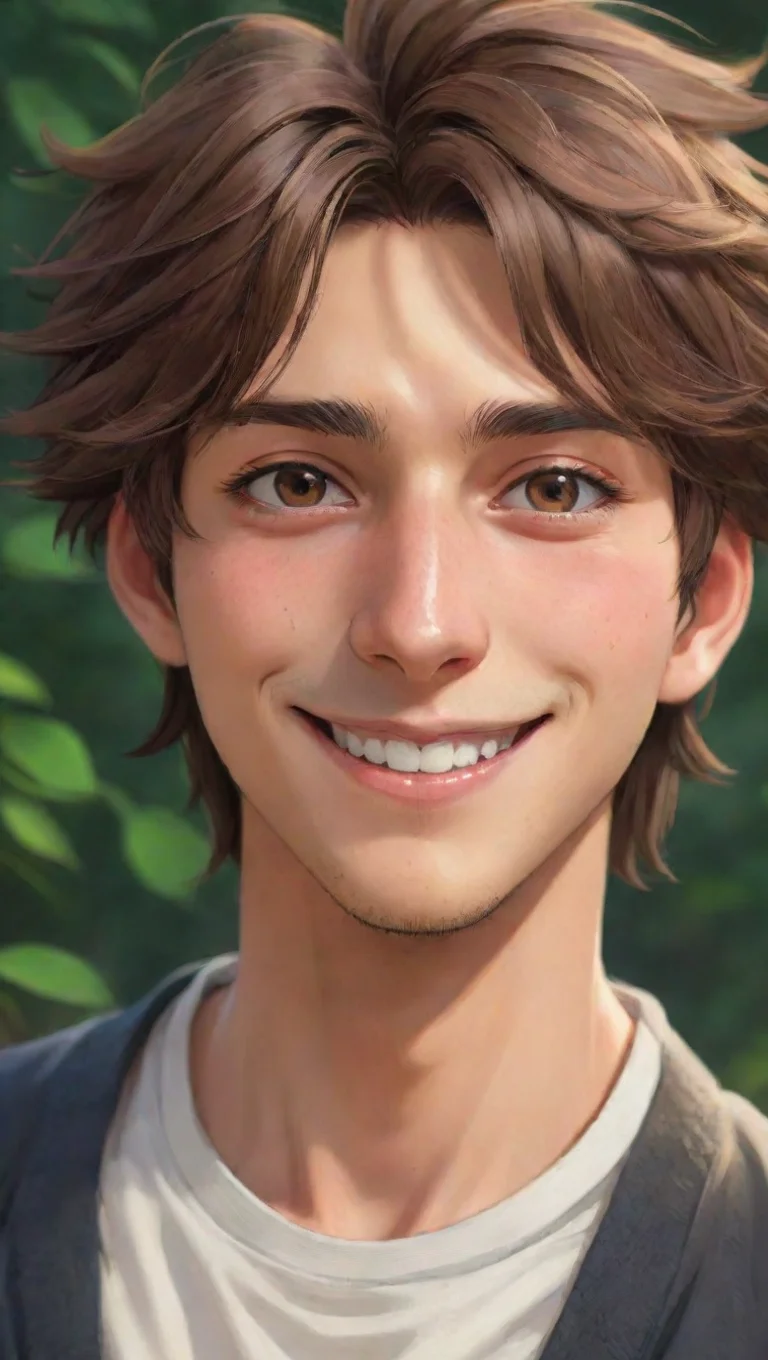 aiamazing kind anime guy boofy hair brown hair tanned skin smile ghibli really detailed look eyes clear artstation best awesome portrait 2 tall