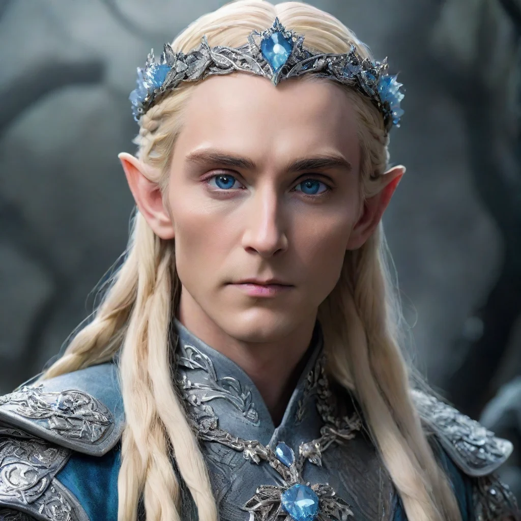 aiamazing king thranduil with blond hair and braids wearing silver flowers encrusted with diamonds to form a silver elvish circlet with large center bluish diamond awesome portrait 2