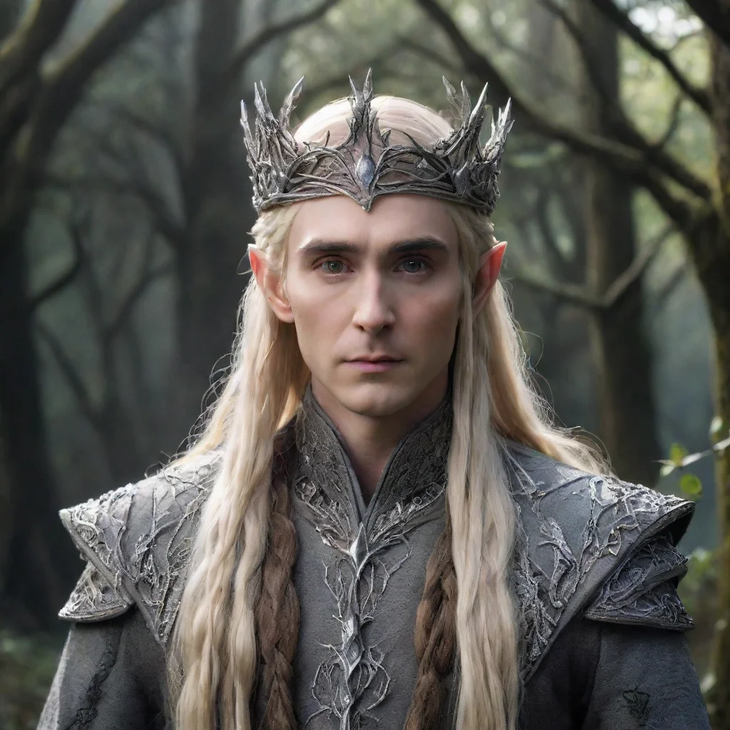 amazing king thranduil with blond hair and braids wearing silver vines encrusted with diamonds forming a silver wood elvish crown with large center diamond awesome portrait 2