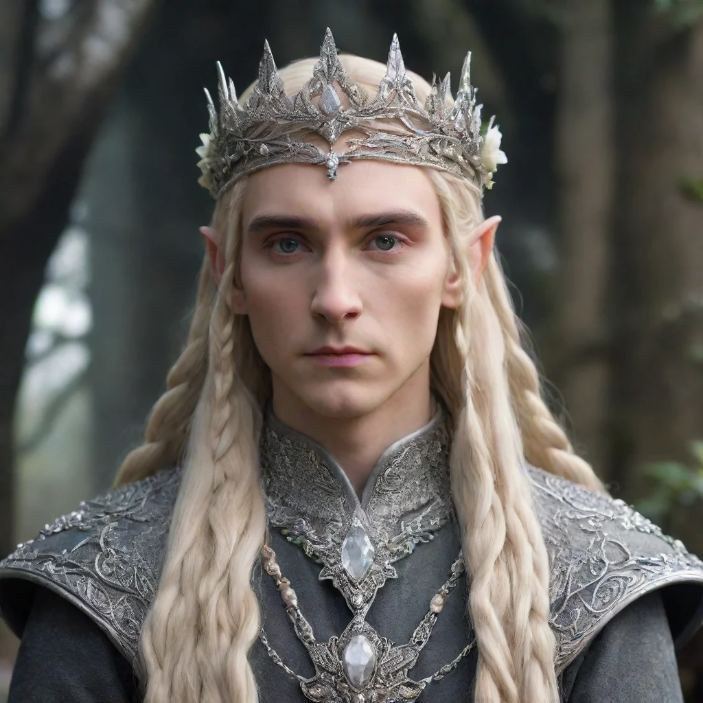 aiamazing king thranduil with blonde hair and braids wearing silver flower elvish circlet encrusted with diamonds and pearls with large center diamond awesome portrait 2