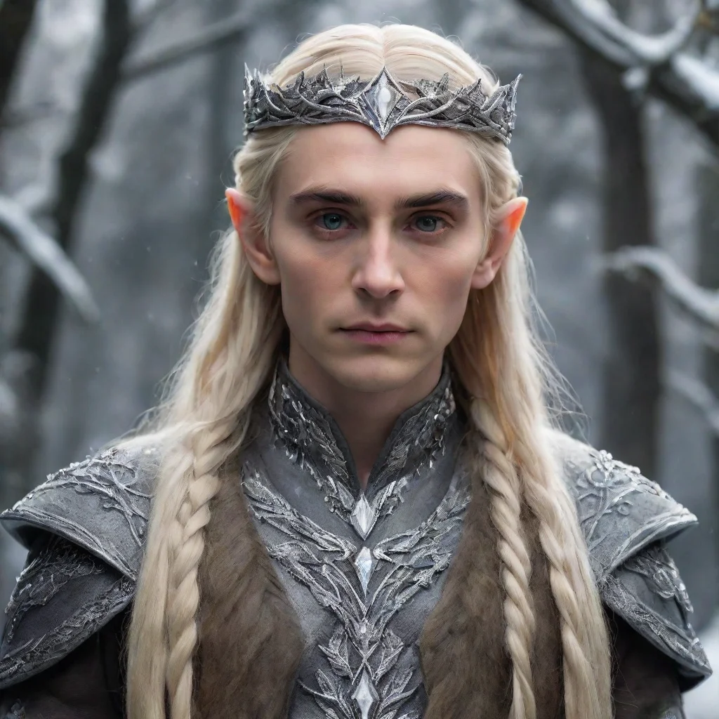 aiamazing king thranduil with blonde hair and braids wearing silver twig and silver leaf encrusted with diamonds to form a silver elvish circlet with large center diamond  awesome portrait 2