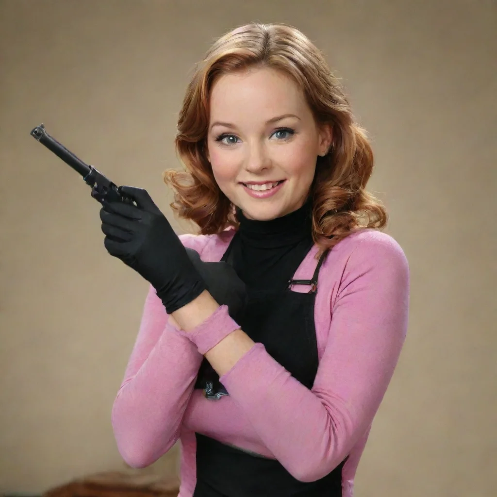 amazing leigh ann baker as amy duncan from good luck charlie smiling with nitrile black gloves  and  gun  hd awesome portrait 2