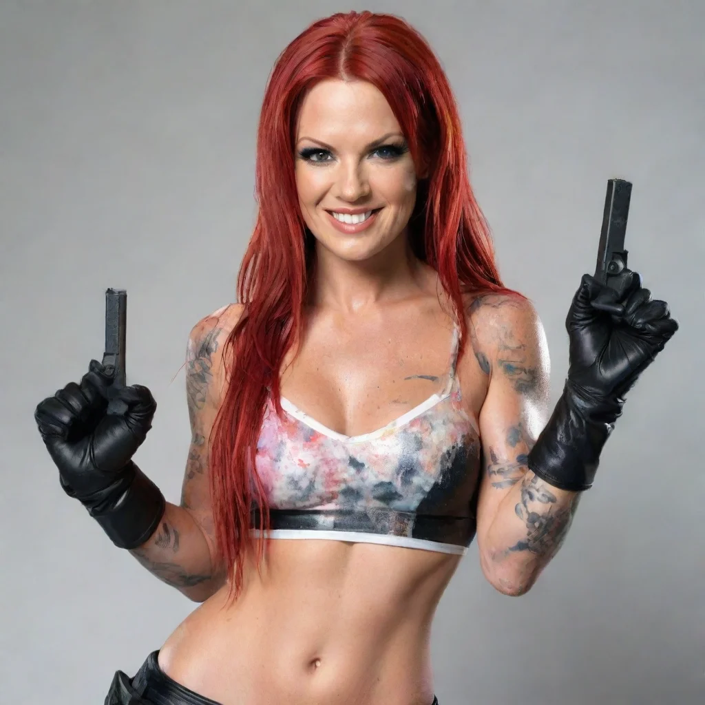 amazing lita wwe smiling  with black nitrile gloves and gun  and  mayonnaise splattered everywhere awesome portrait 2