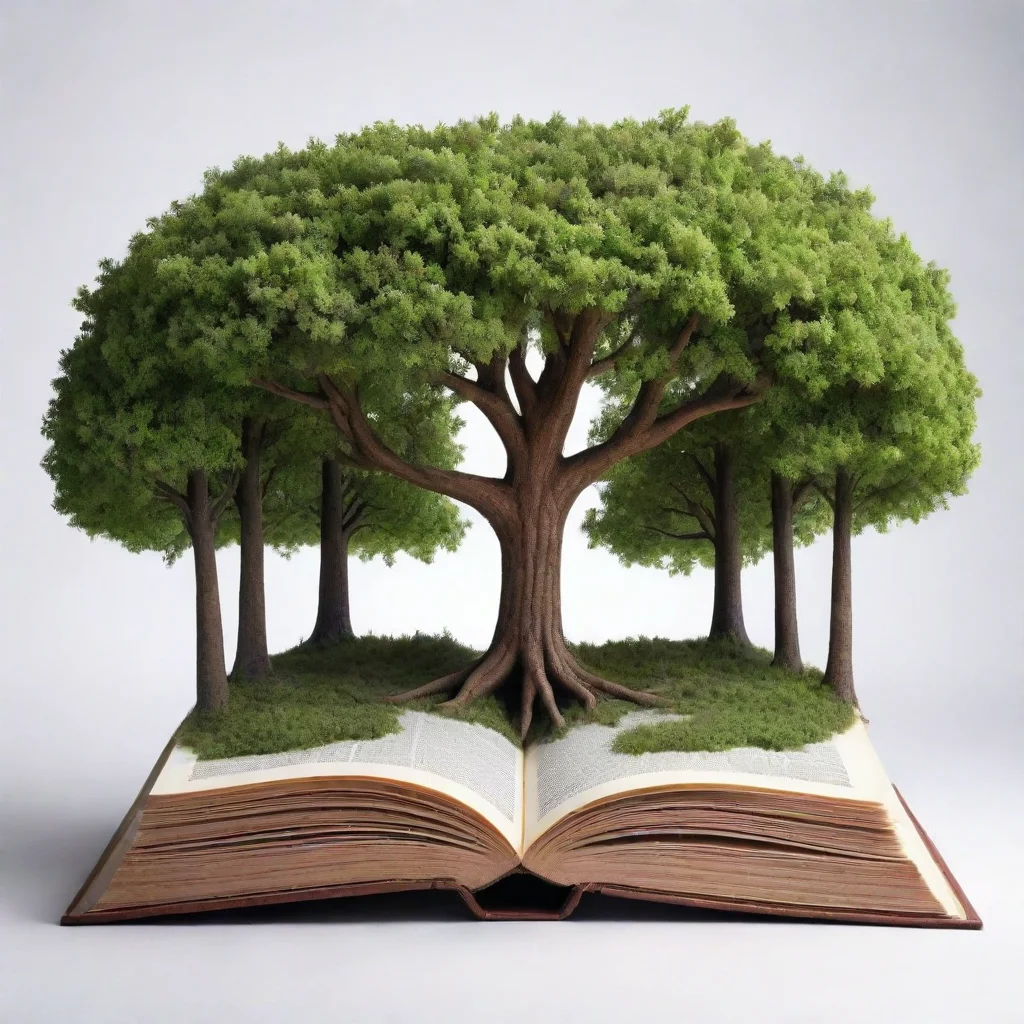 aiamazing logo of an open book with many pages and a forest on top with just 4 trees of different sizes but all in flower. no background awesome portrait 2