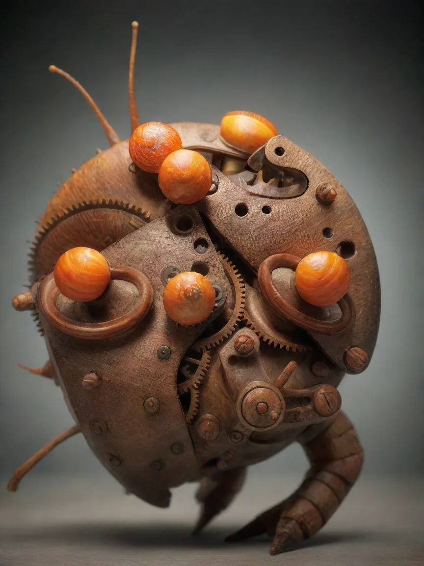 aiamazing make a monster using this image. is a mechanical monster with long wooden arms an claws and mechanical bulky legs.glowing orange snail like eyes. awesome portrait 2
