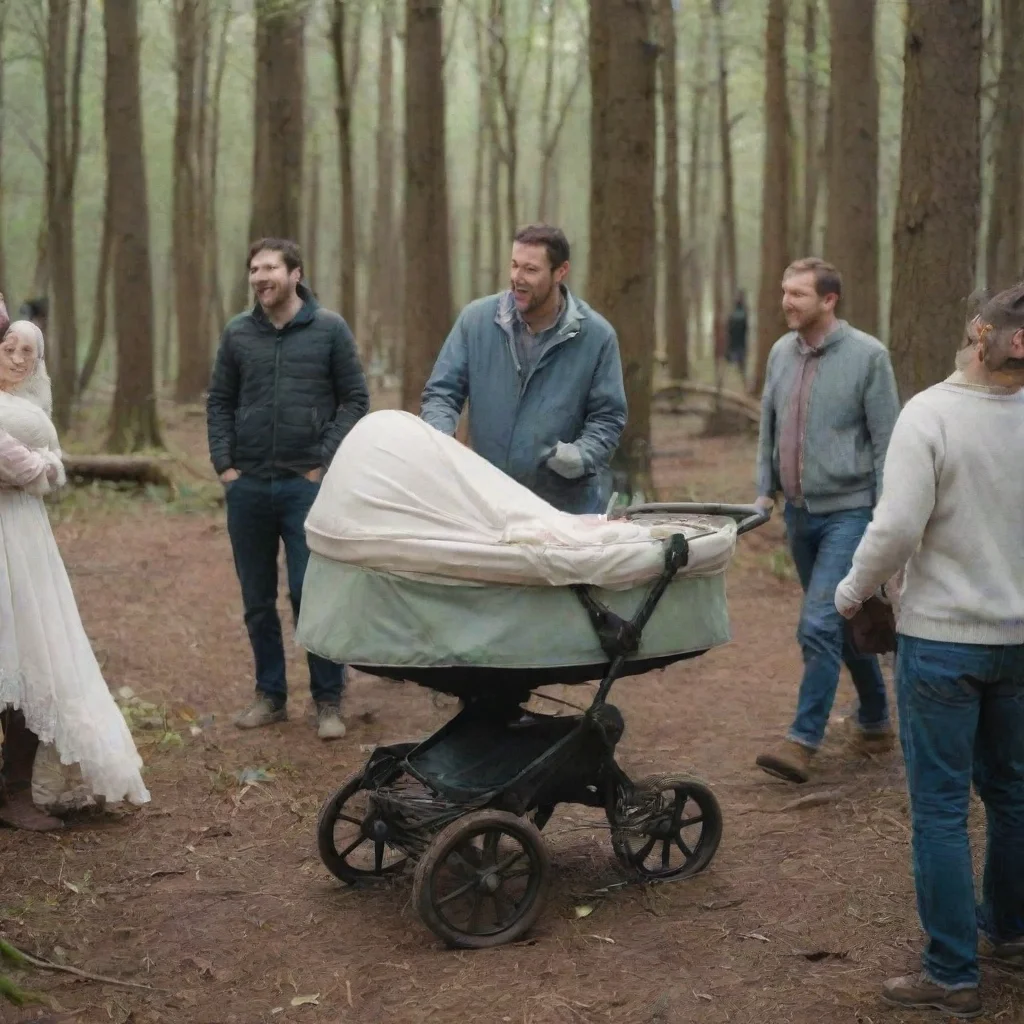 aiamazing man leaving a newborn baby in a buggy in the woods while other people laugh awesome portrait 2