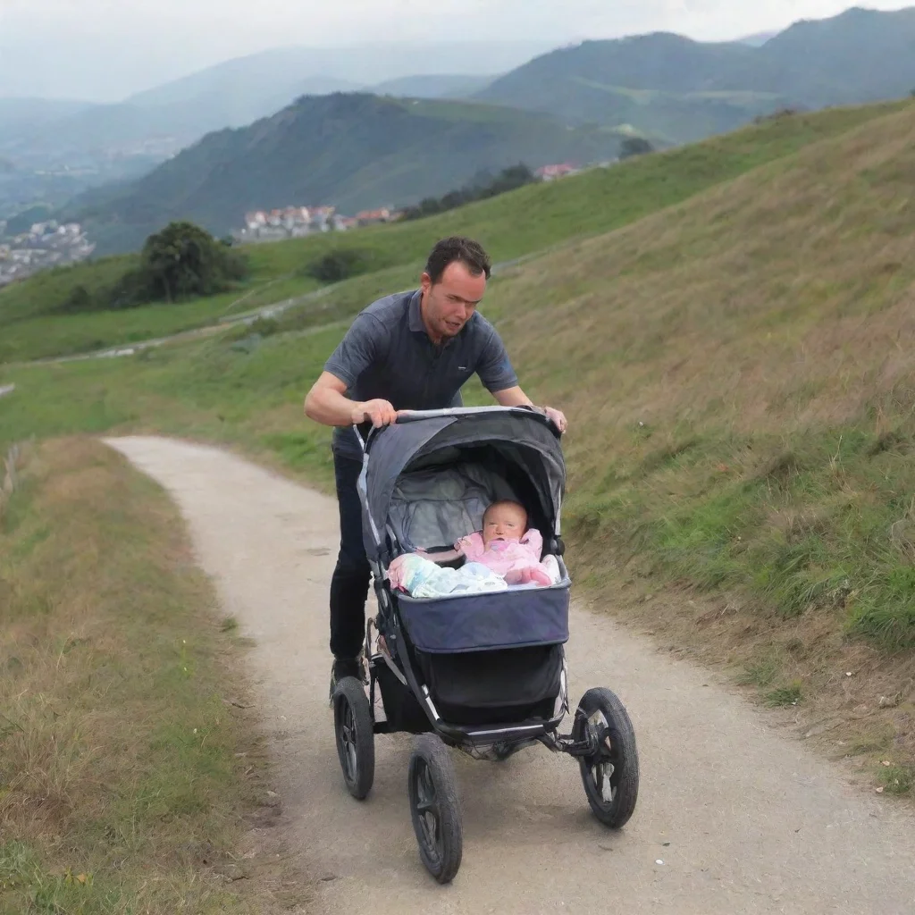aiamazing man push a baby in a pram down a hill awesome portrait 2