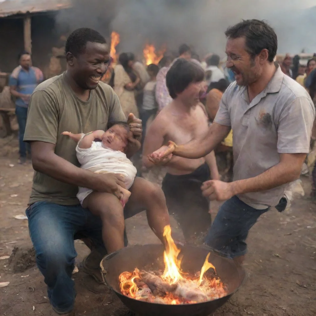 aiamazing man puts a newborn baby on a capmfire while other people laugh awesome portrait 2