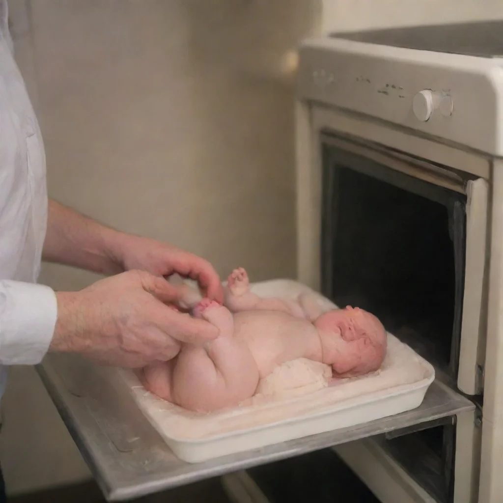 aiamazing man puts newborn baby on a tray in the oven awesome portrait 2