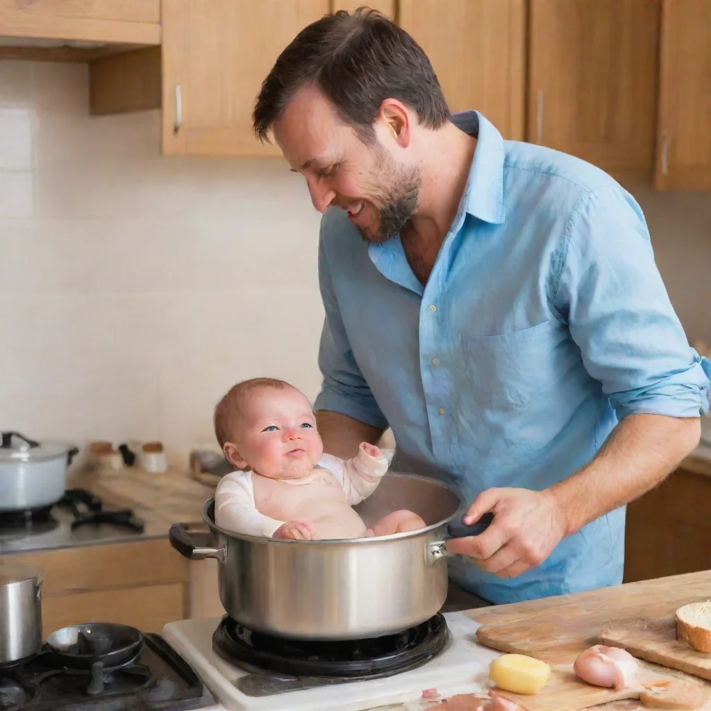 aiamazing man putting a baby in a cooking pot awesome portrait 2