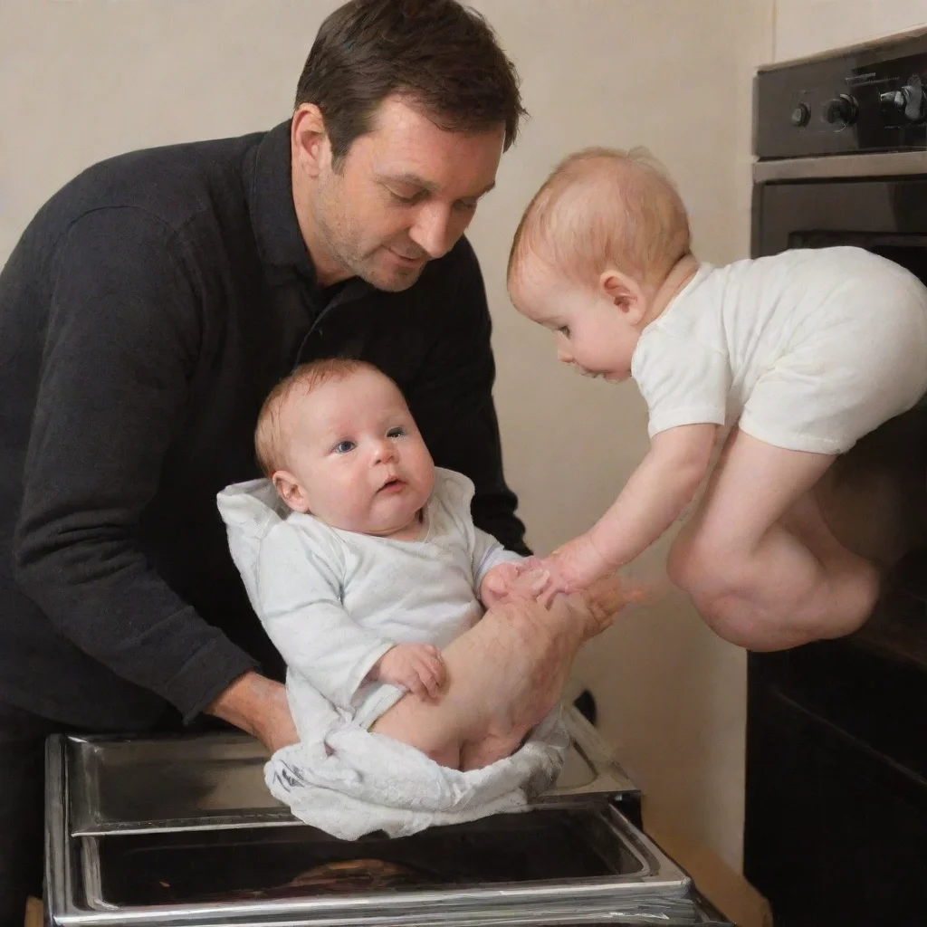 aiamazing man putting a baby in a oven awesome portrait 2