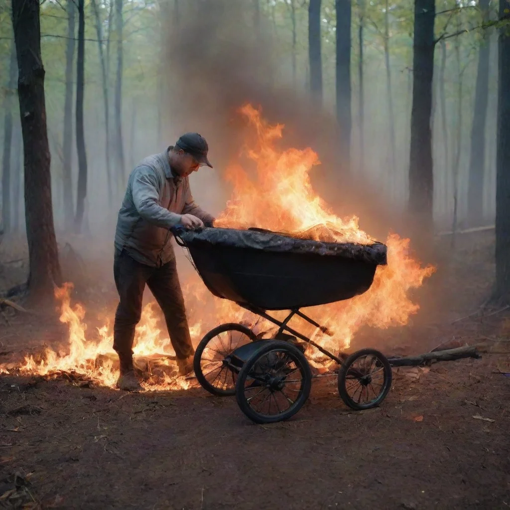 aiamazing man putting a newborn baby in a buggy in the woods on fire awesome portrait 2
