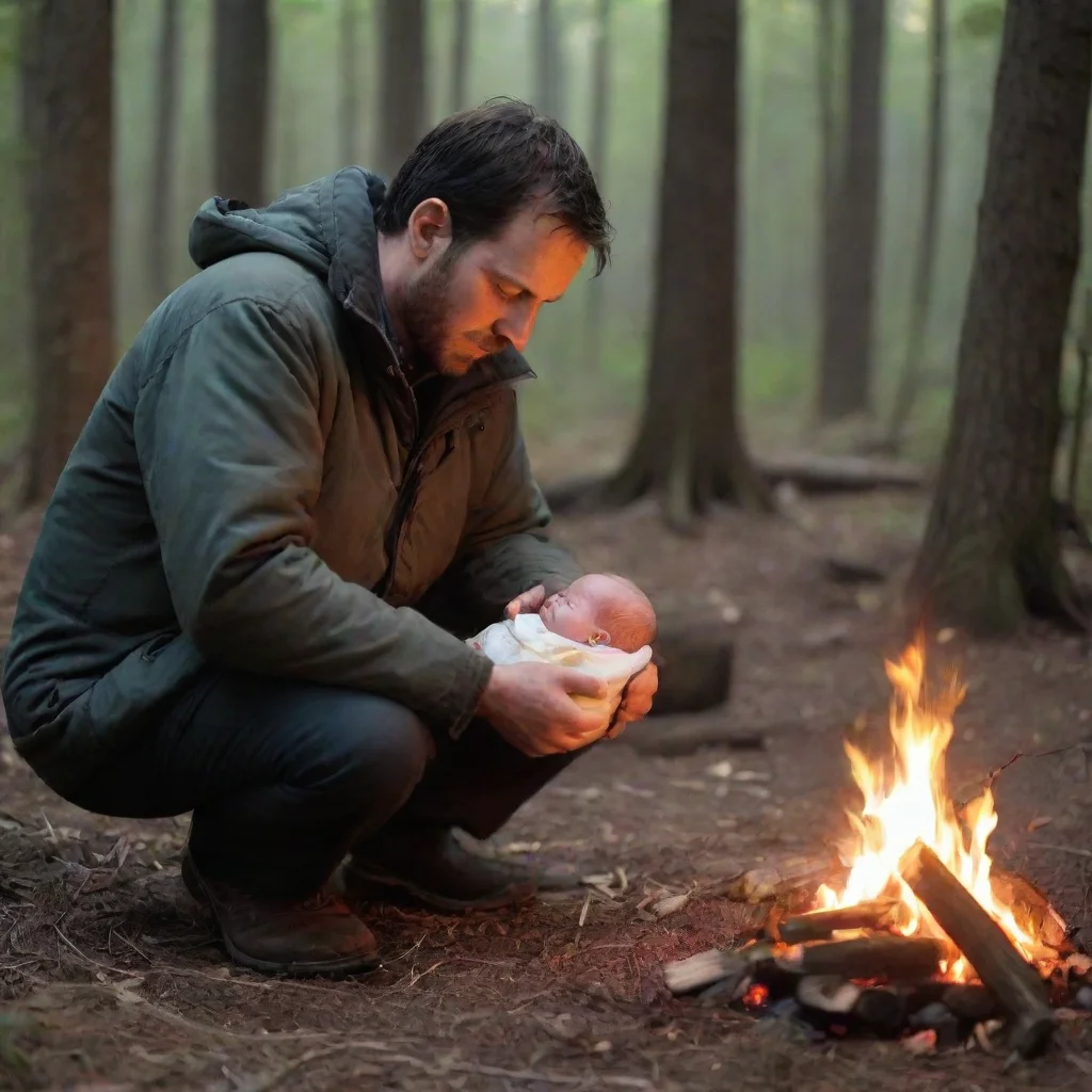 aiamazing man putting a newborn baby in a campfire in the woods on fire awesome portrait 2