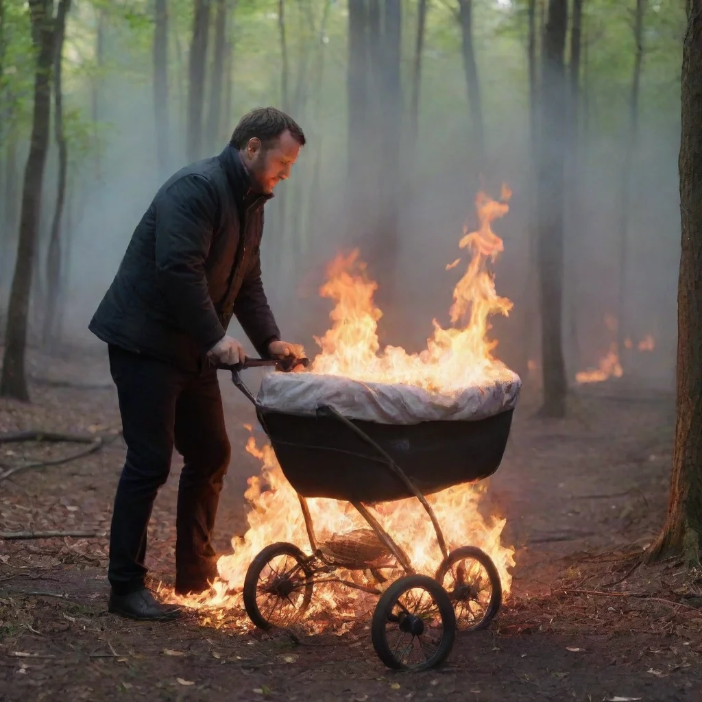 aiamazing man putting a newborn baby in a pram in the woods on fire awesome portrait 2
