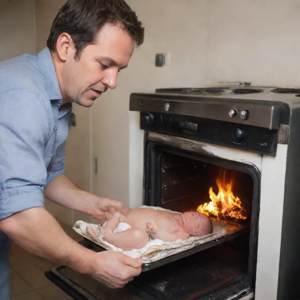 aiamazing man putting a newborn baby on a oven on fire awesome portrait 2