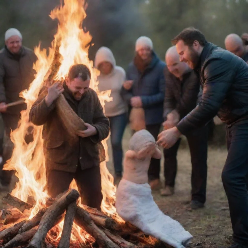 aiamazing man sacrifices newborn baby on a bonfire while other people laugh awesome portrait 2