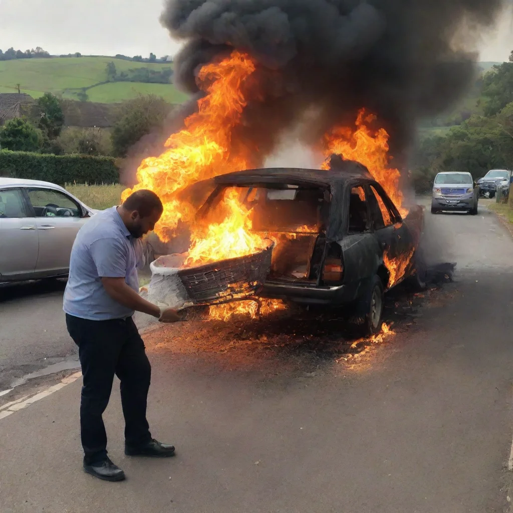 aiamazing man setting a car on fire with a baby in a moses basket awesome portrait 2