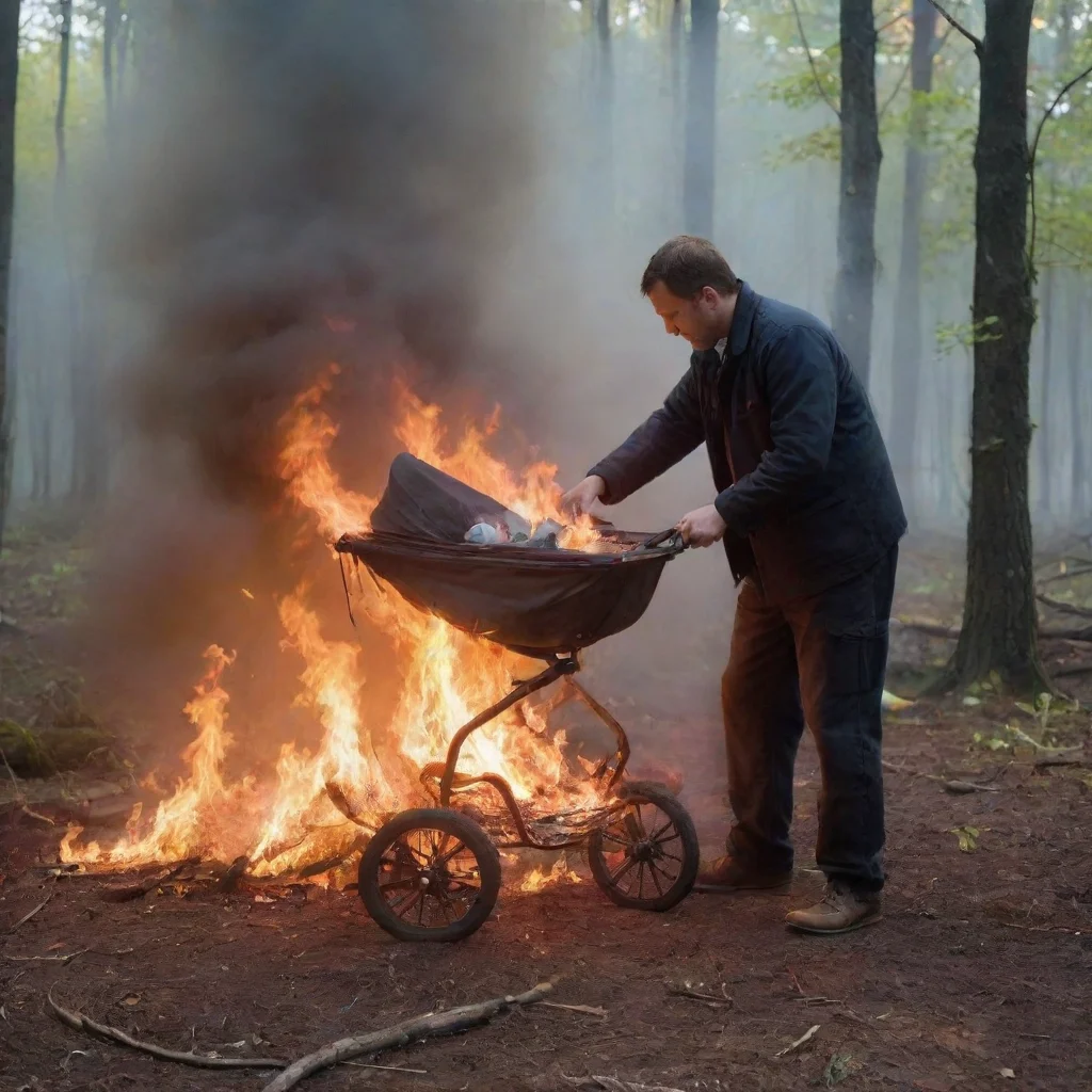 aiamazing man setting a newborn baby in a buggy in the woods on fire awesome portrait 2