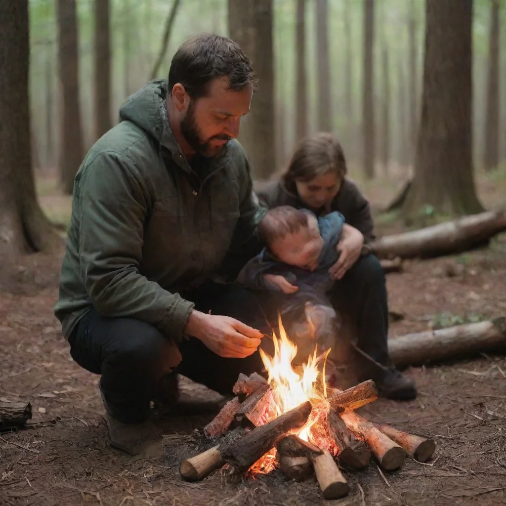 aiamazing man setting a newborn baby in a campfire in the woods awesome portrait 2