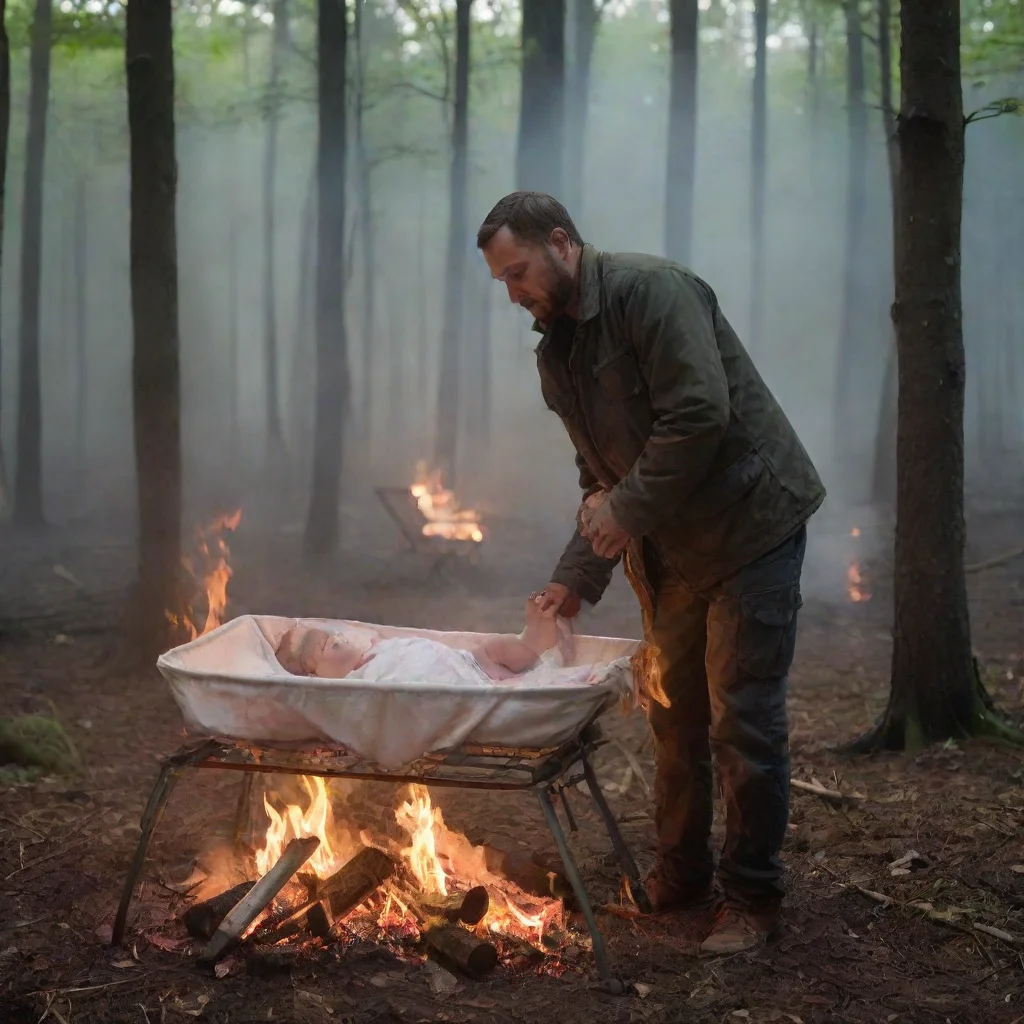 aiamazing man setting a newborn baby in a cot in the woods on fire awesome portrait 2