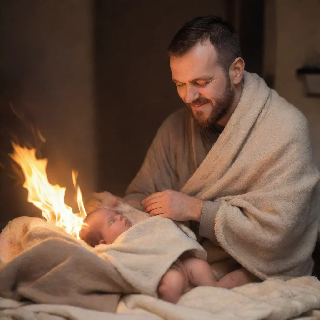 aiamazing man setting a newborn baby in a in a blanket on fire awesome portrait 2