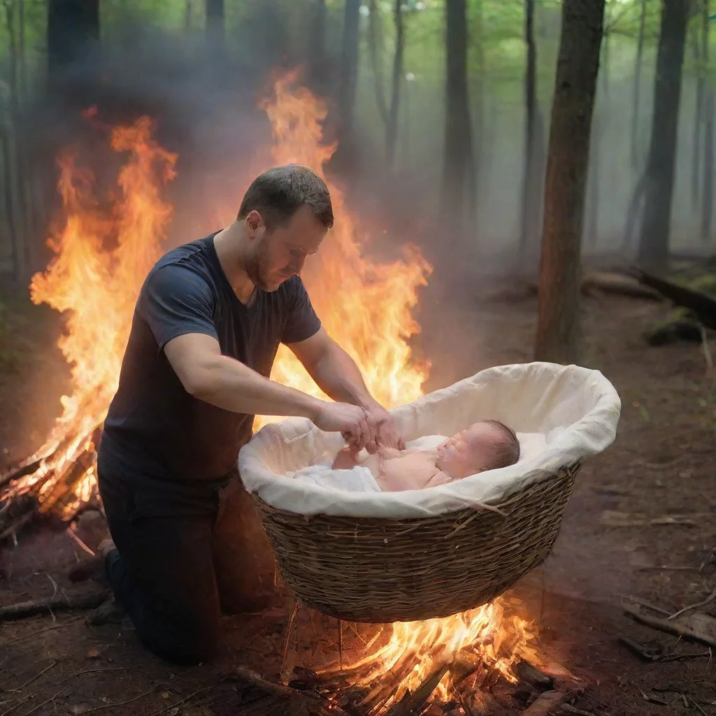 aiamazing man setting a newborn baby in a moses basket in the woods on fire awesome portrait 2