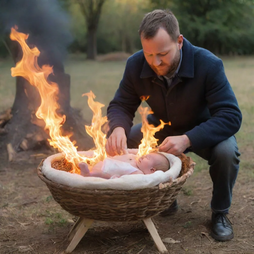 aiamazing man setting a newborn baby in a moses basket on fire on a bonfire awesome portrait 2