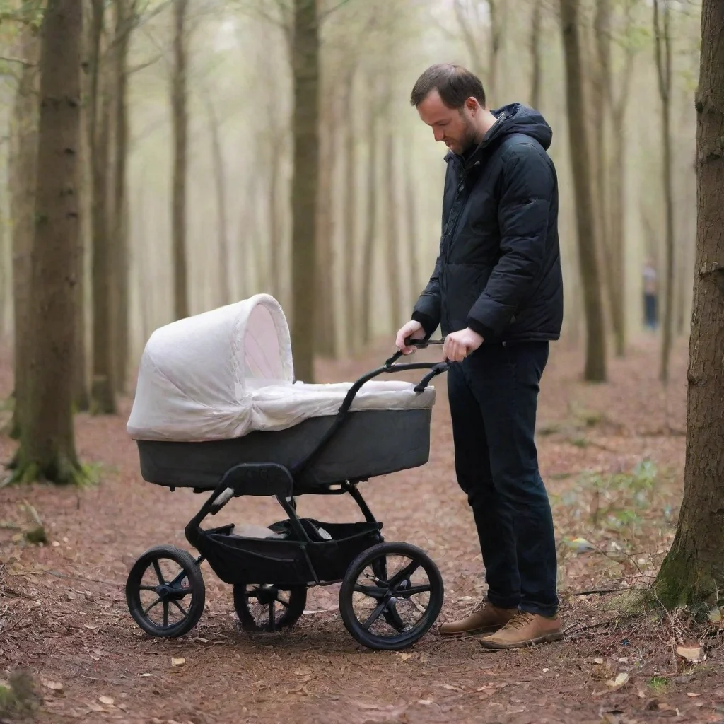 aiamazing man setting a newborn baby in a pram in the woods awesome portrait 2