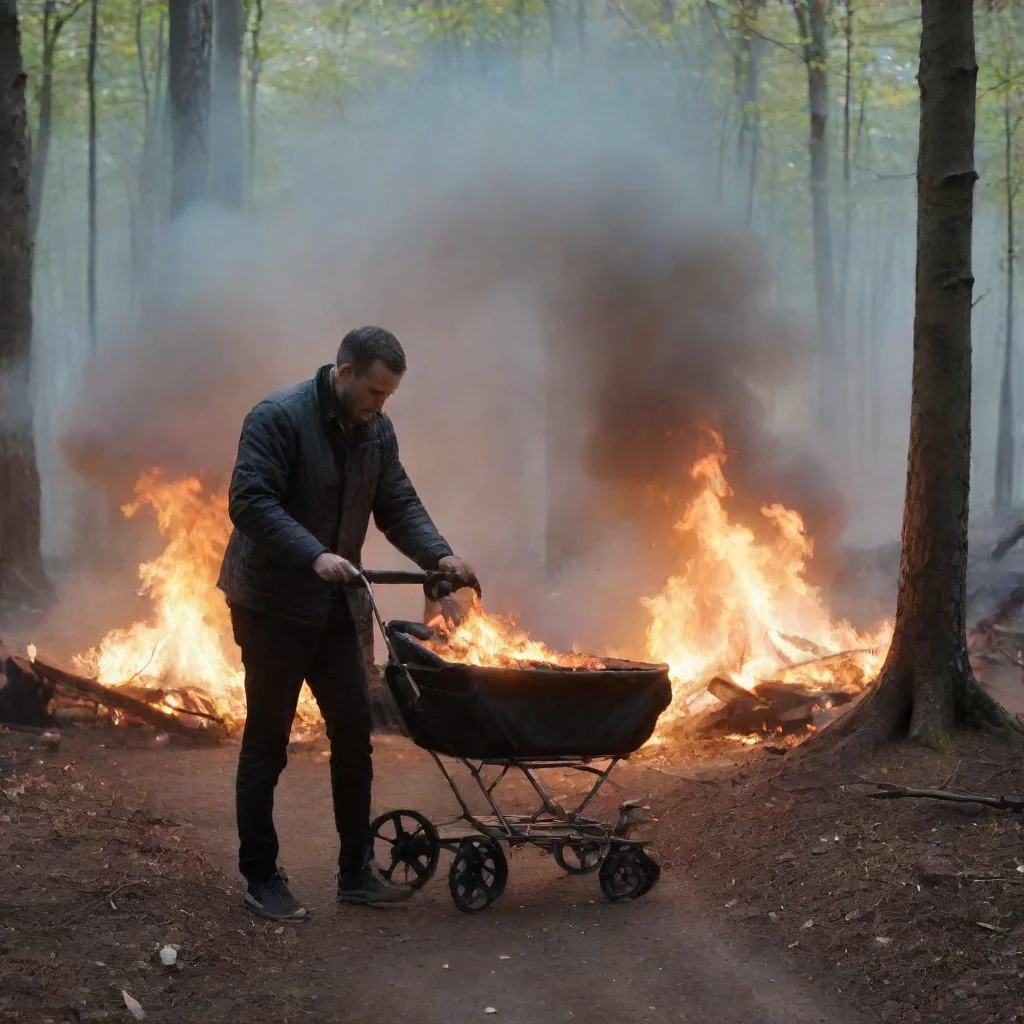 aiamazing man setting a newborn baby in a pram in the woods on fire awesome portrait 2