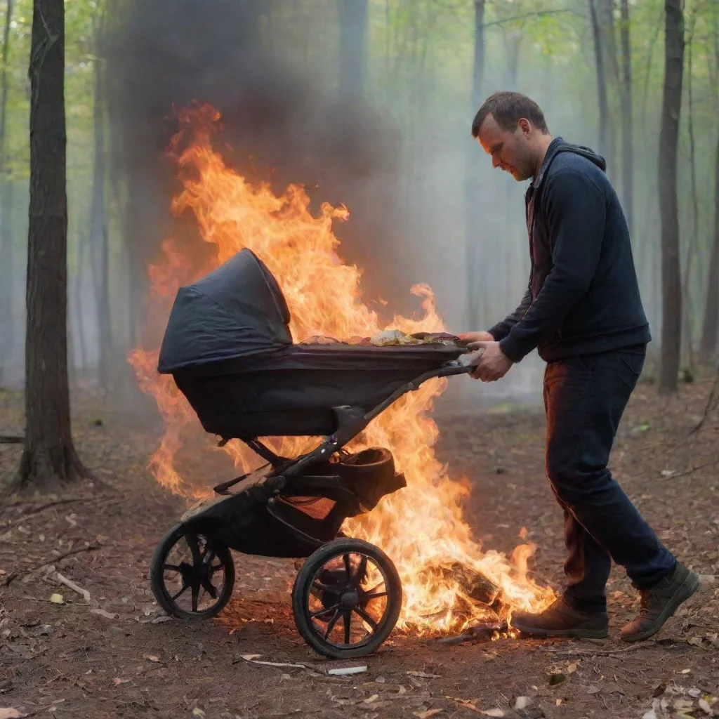 aiamazing man setting a newborn baby in a stroller in the woods on fire awesome portrait 2
