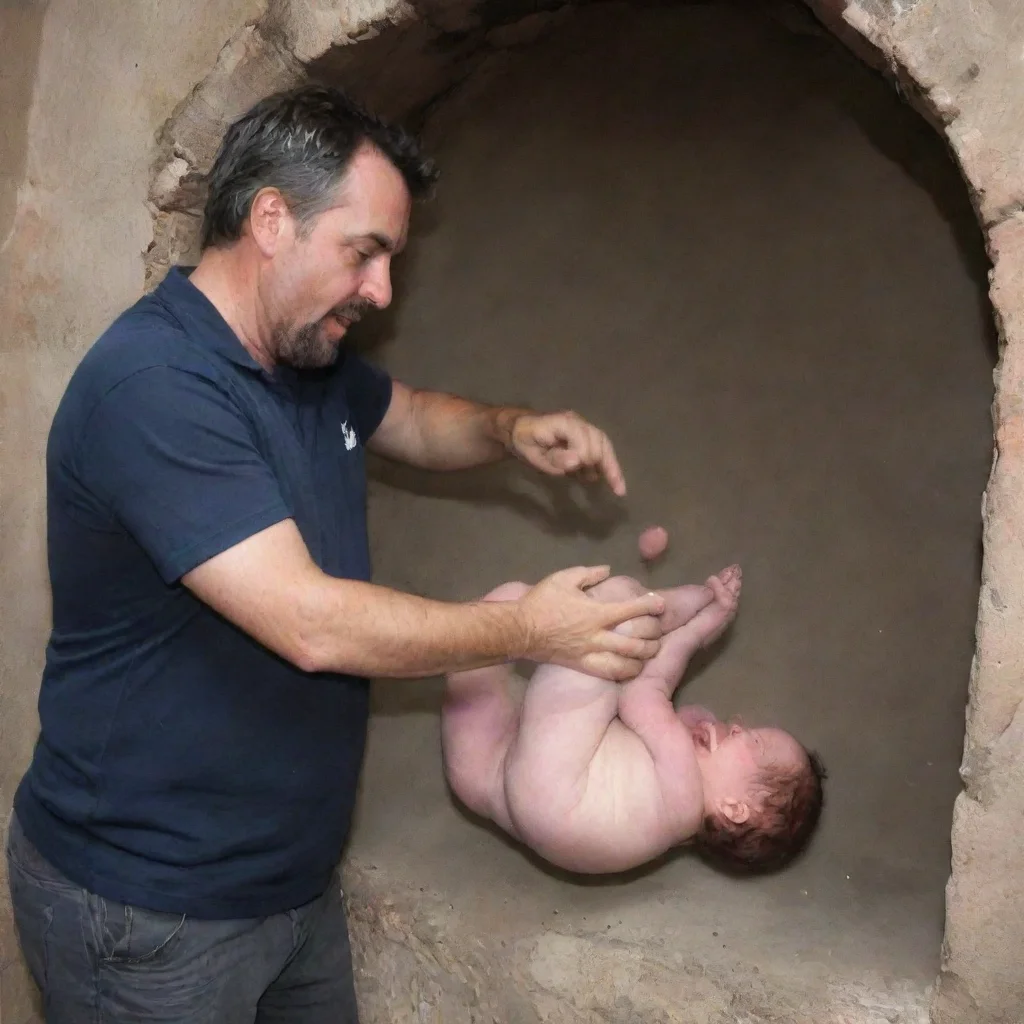 aiamazing man throwing newborn baby down a evlovater shaft awesome portrait 2