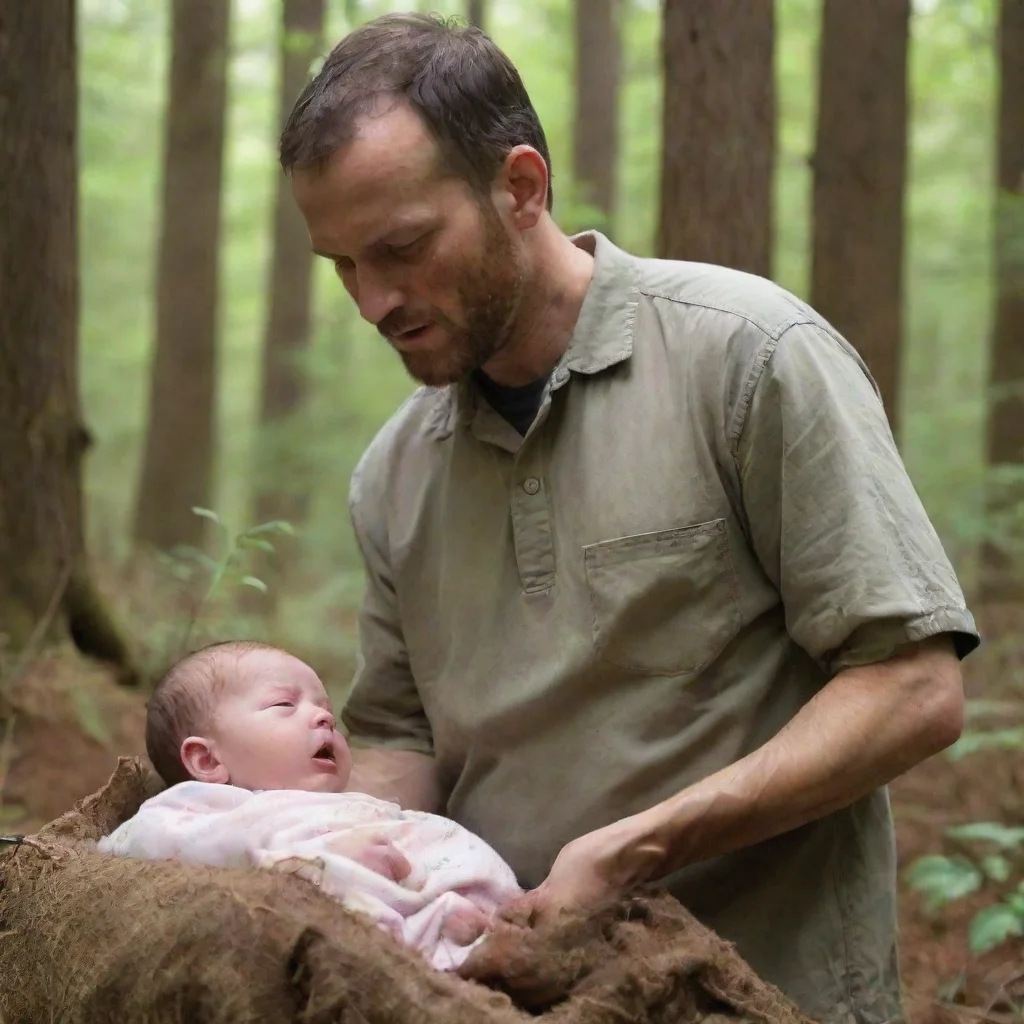 aiamazing man with a knife behind a newborn baby in the woods awesome portrait 2