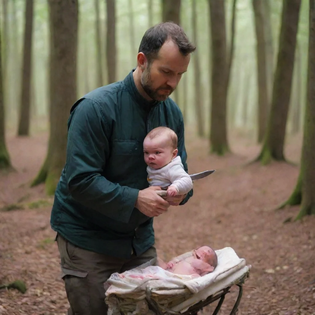 aiamazing man with knife behind a newborn baby in the woods awesome portrait 2