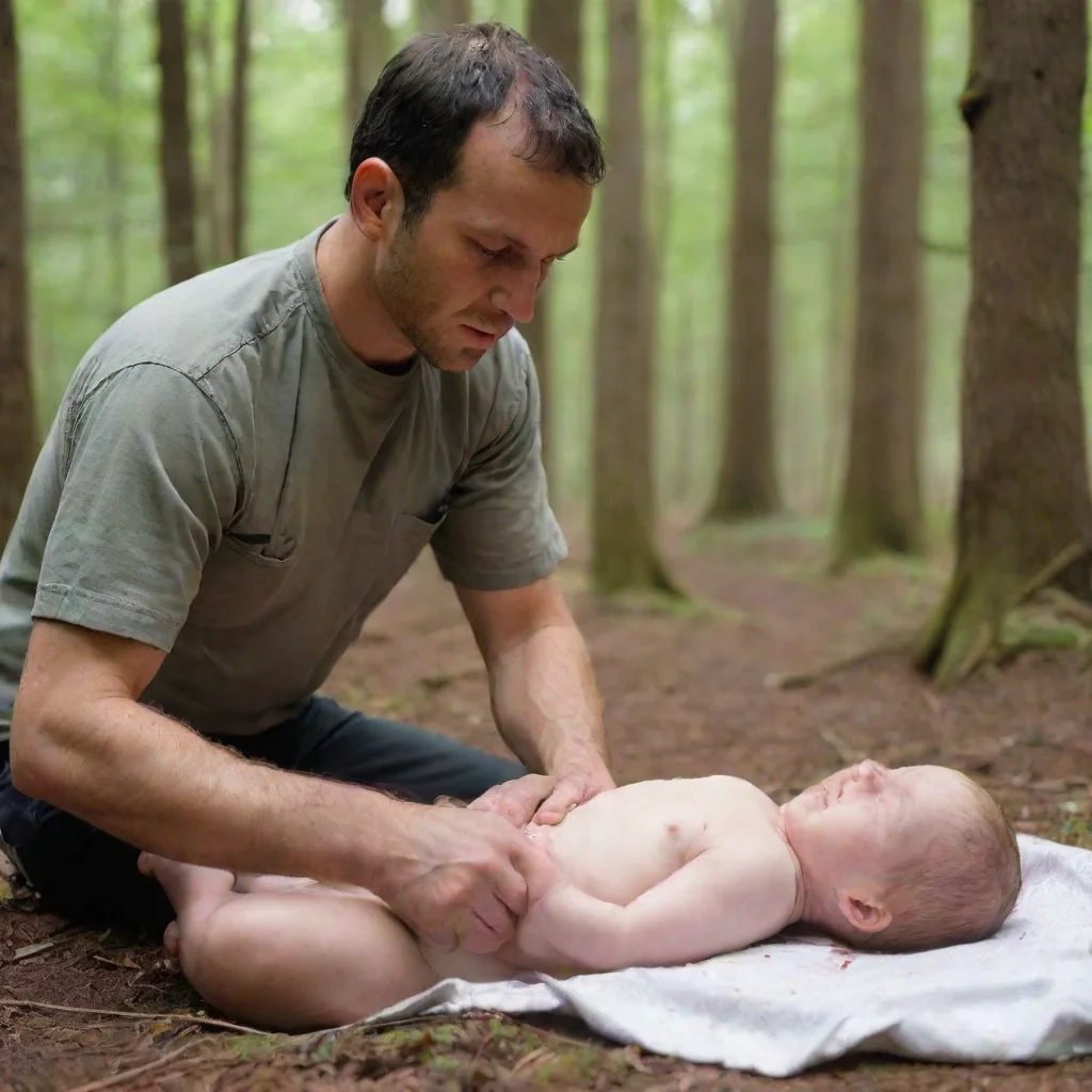 aiamazing man with knife cutting a newborn baby in the woods awesome portrait 2