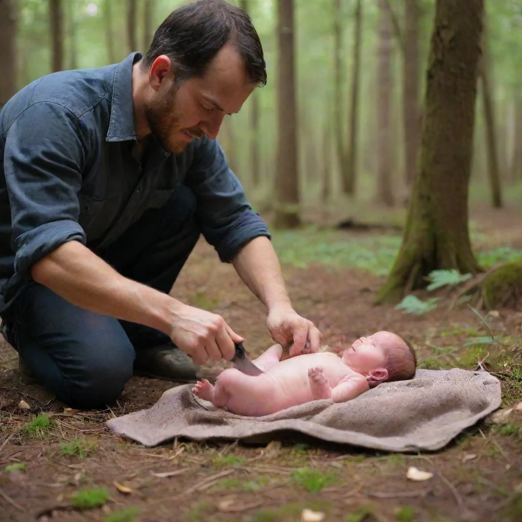 aiamazing man with knife cutting a newborn baby open in the woods awesome portrait 2