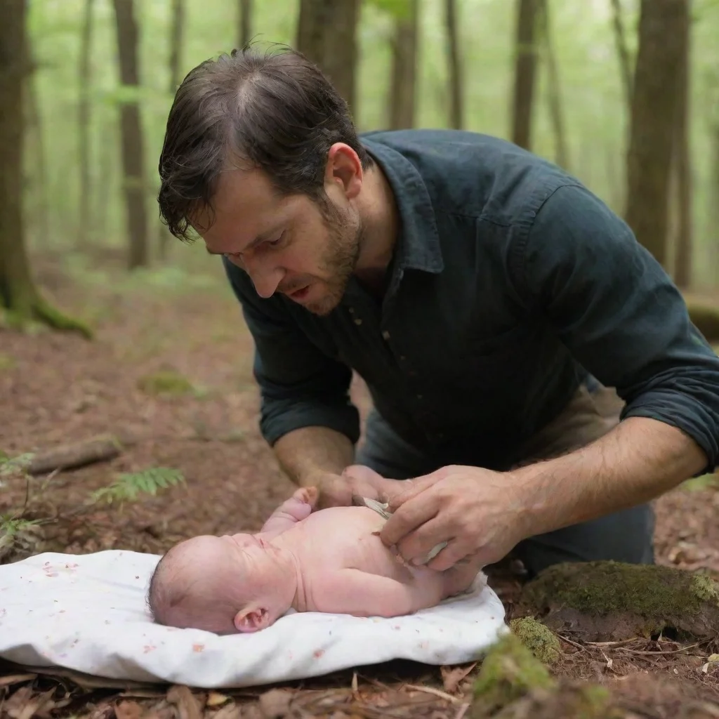 aiamazing man with knife cutting open a newborn baby in the woods awesome portrait 2