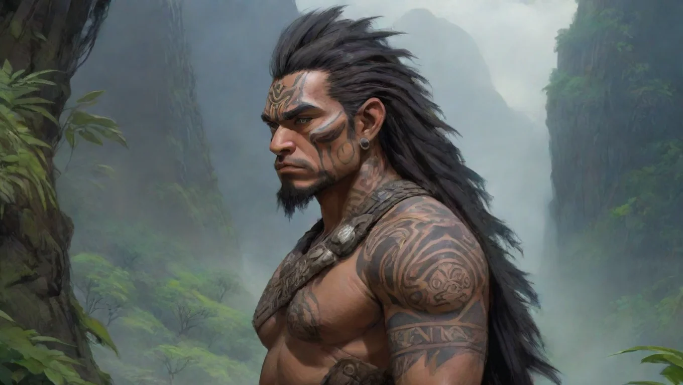 amazing maori warrior over shoulder lookout environment anime art ghibli dark horror  awesome portrait 2 widescreen