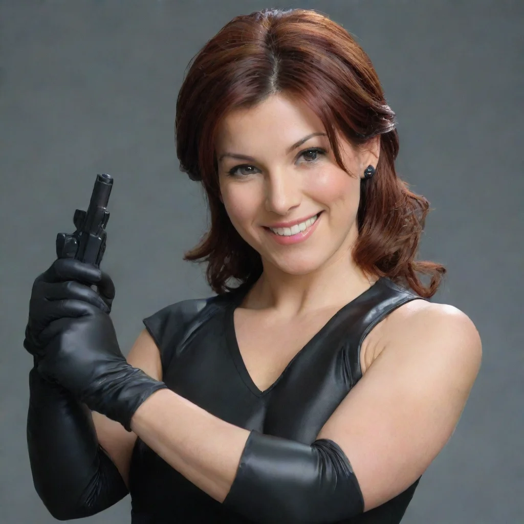 amazing marrisa tomei  smiling with   black nitrile gloves and gun  hd awesome portrait 2