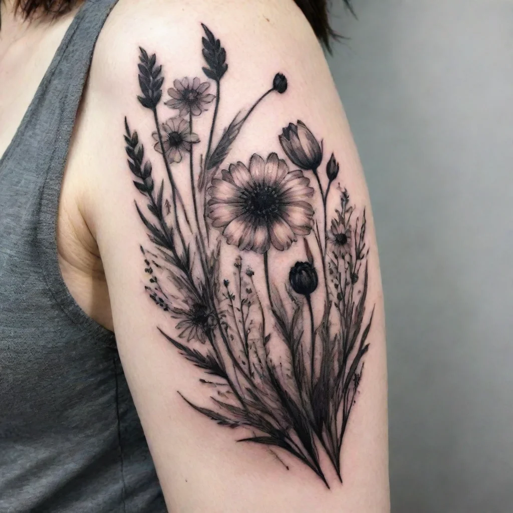 amazing meadow flowers black and white tattoo awesome portrait 2