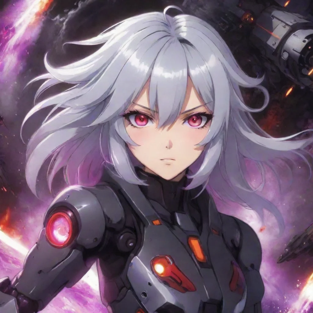amazing mecha pilot red purple eyes silver hair anime space background explosions awesome portrait 2