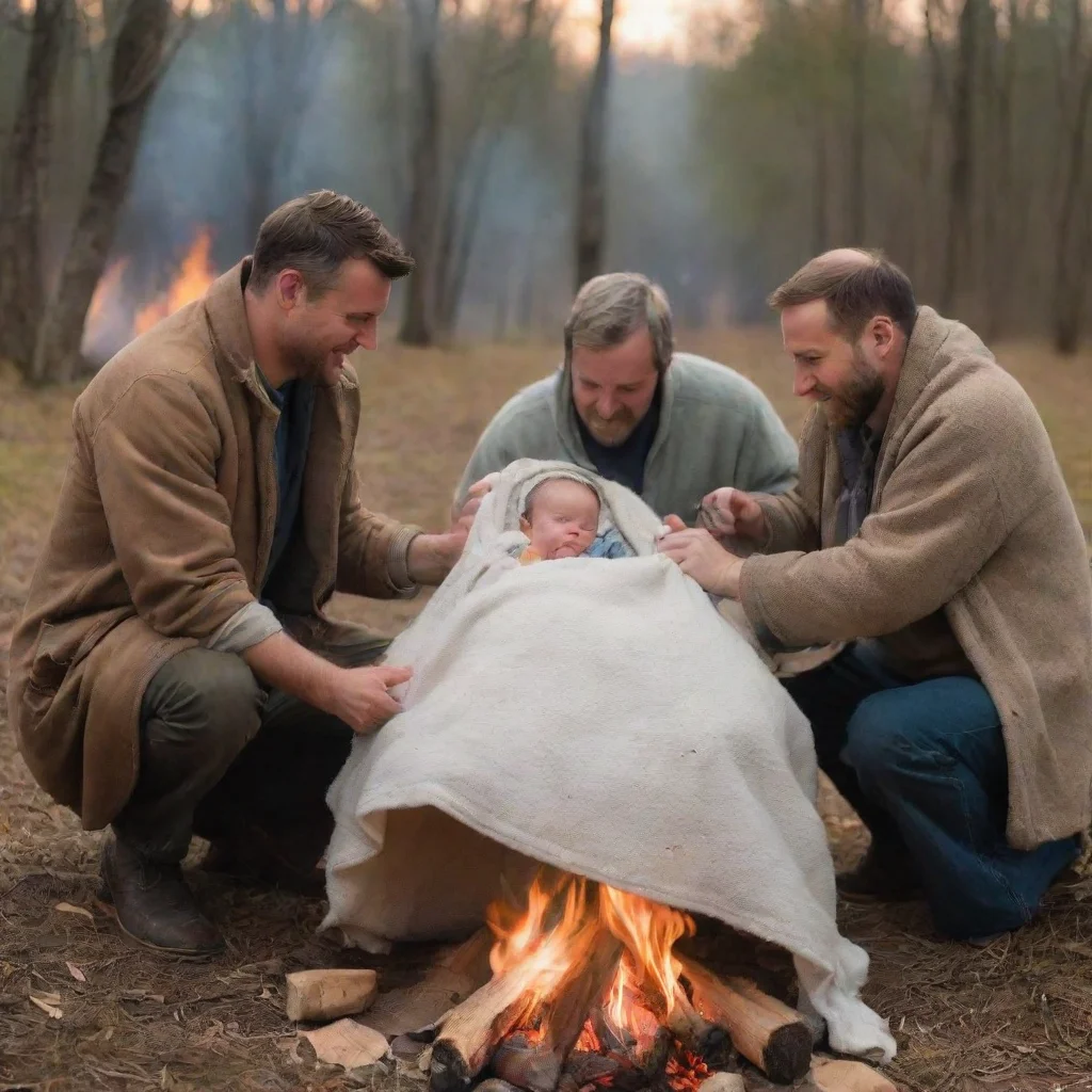 aiamazing men putting a newborn baby in a blanket on a bonfire awesome portrait 2