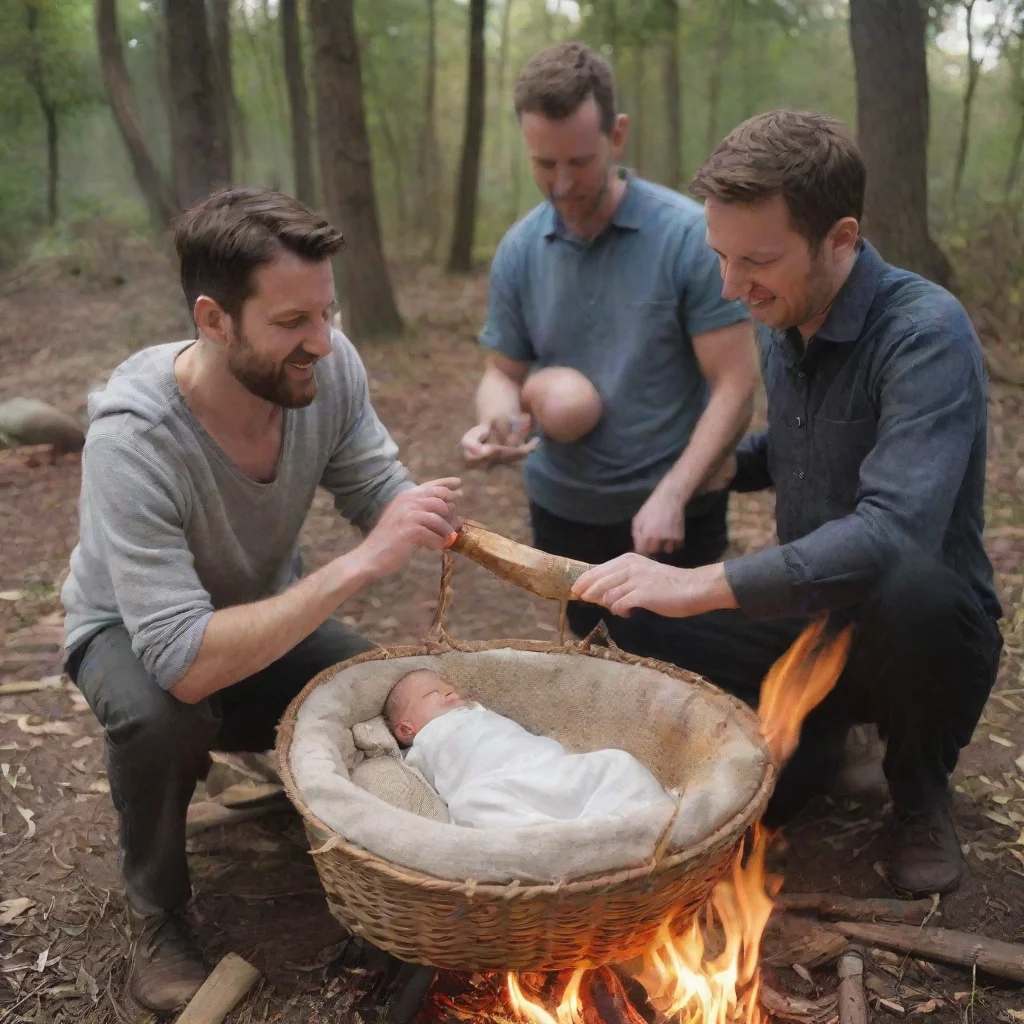 aiamazing men putting a newborn baby in a moses basket on a bonfire awesome portrait 2