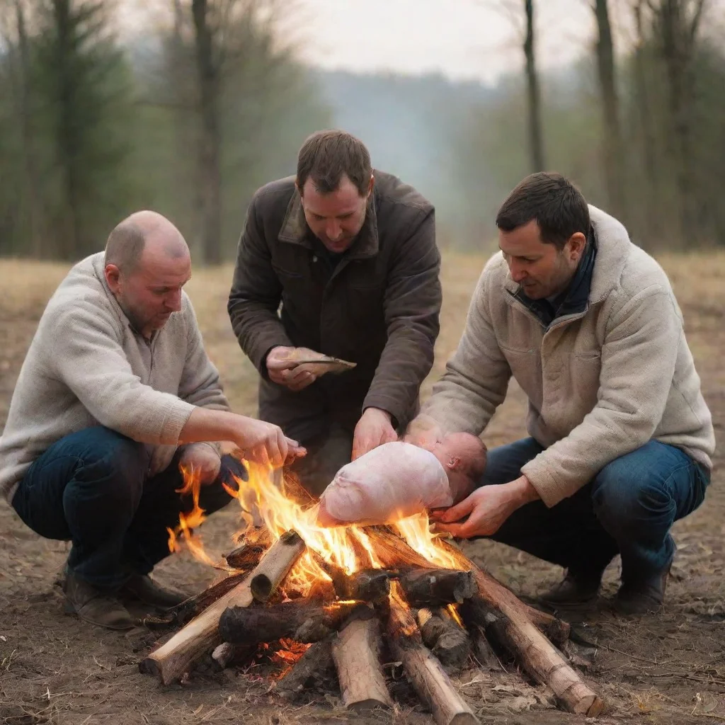 aiamazing men putting a newborn baby on a bonfire awesome portrait 2