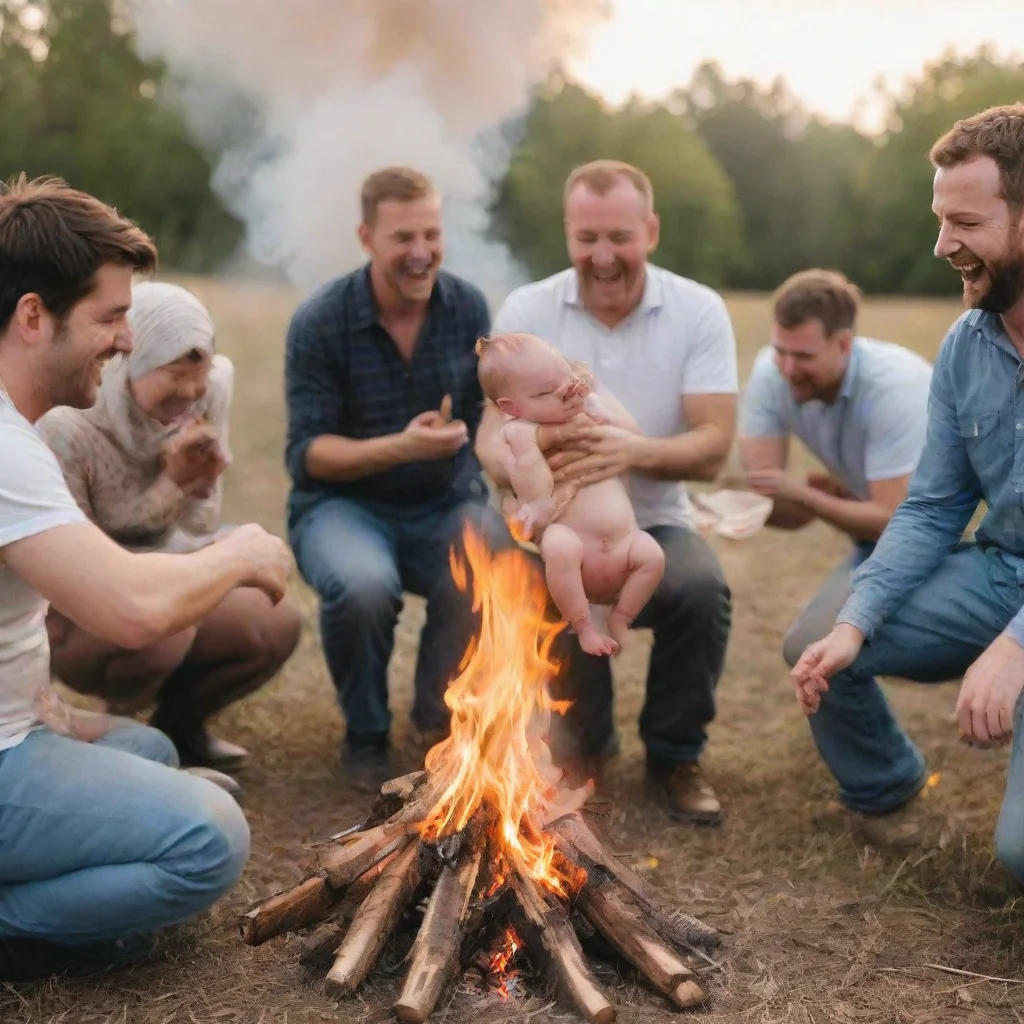 aiamazing men putting a newborn baby on a bonfire while other people laugh awesome portrait 2