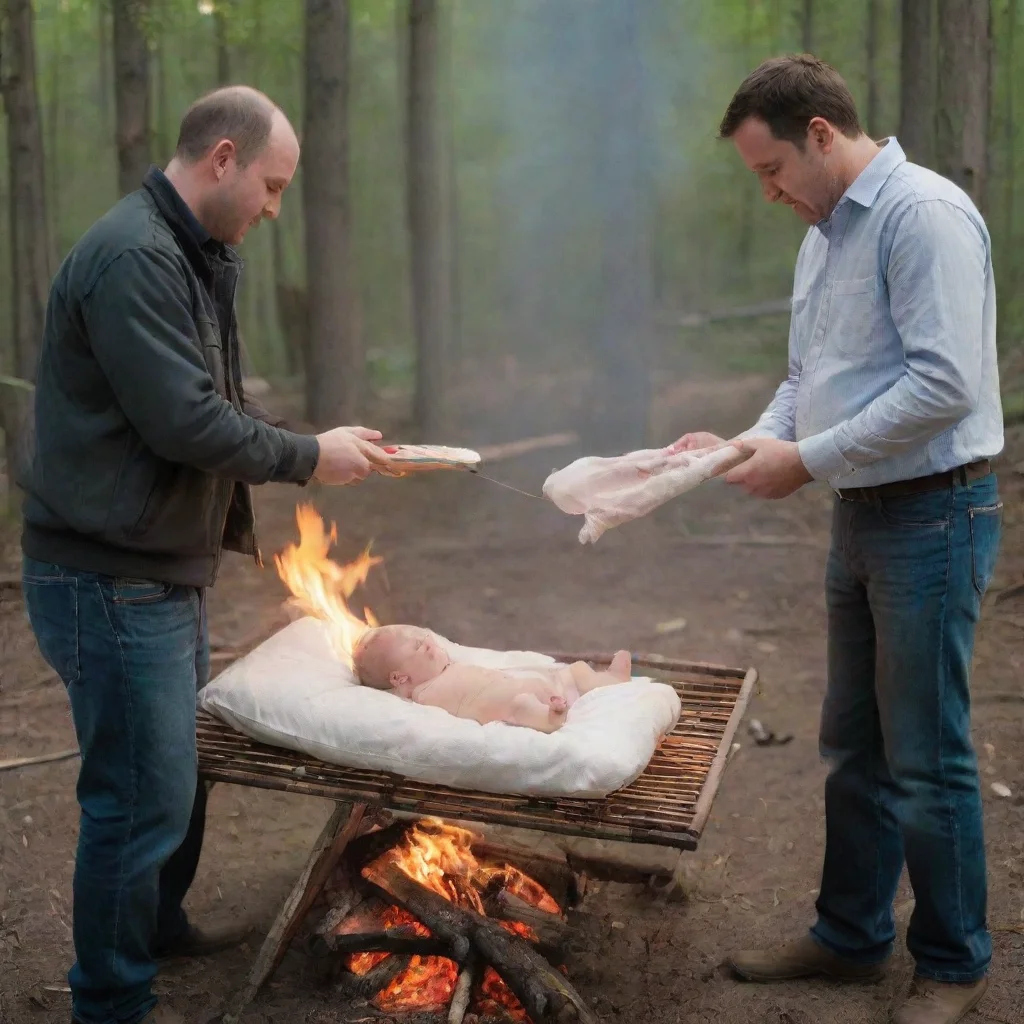 aiamazing men setting a newborn baby in a crib on a bonfire awesome portrait 2