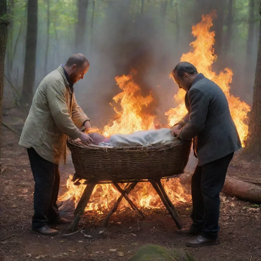 aiamazing men setting a newborn baby in a moses basket in the woods on fire awesome portrait 2