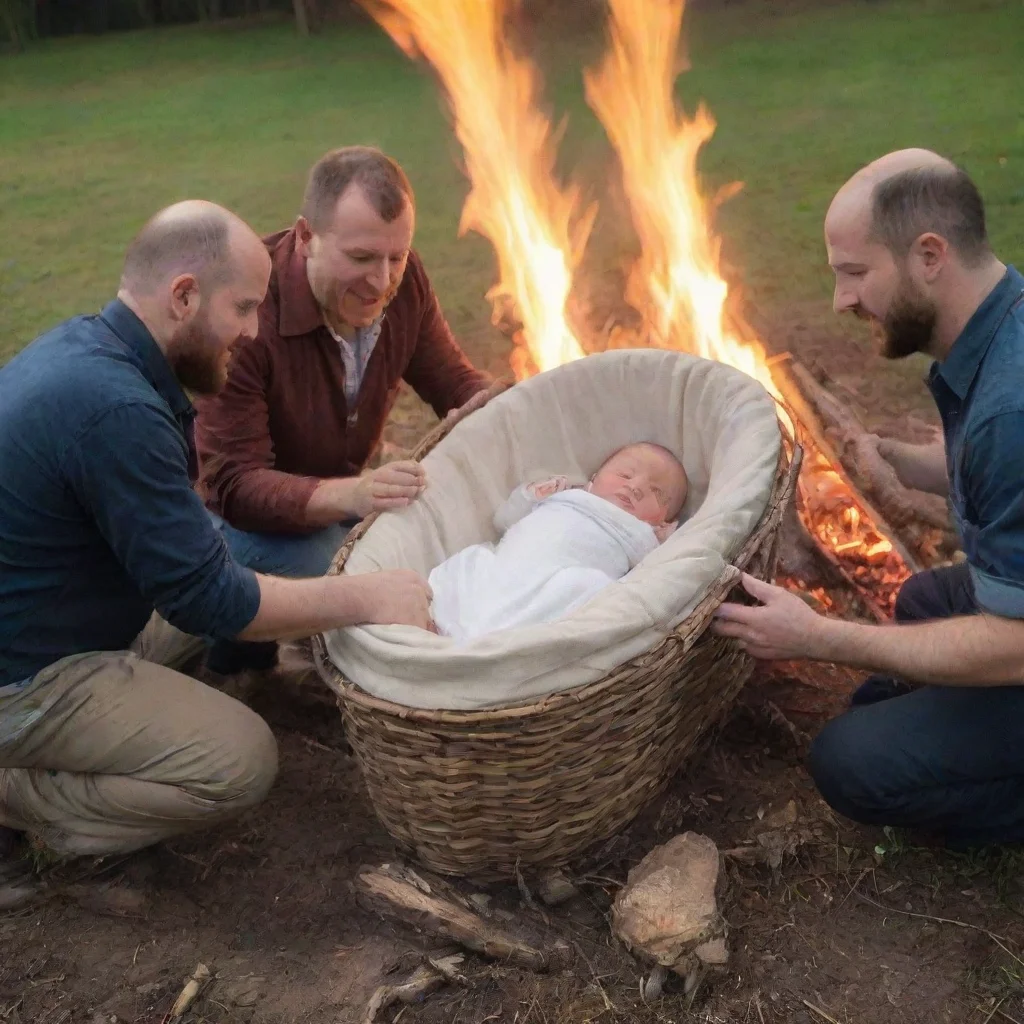 aiamazing men setting a newborn baby in a moses basket on a bonfire awesome portrait 2