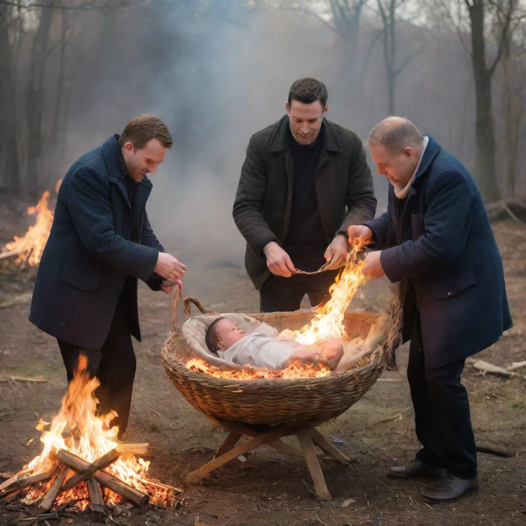 aiamazing men setting a newborn baby in a moses basket on fire on a bonfire awesome portrait 2
