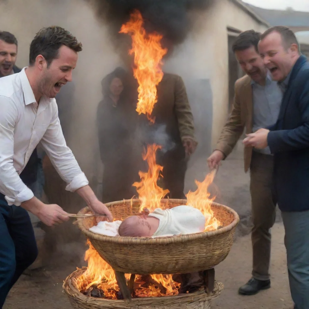 aiamazing men setting a newborn baby in a moses basket on fire while other people laugh awesome portrait 2