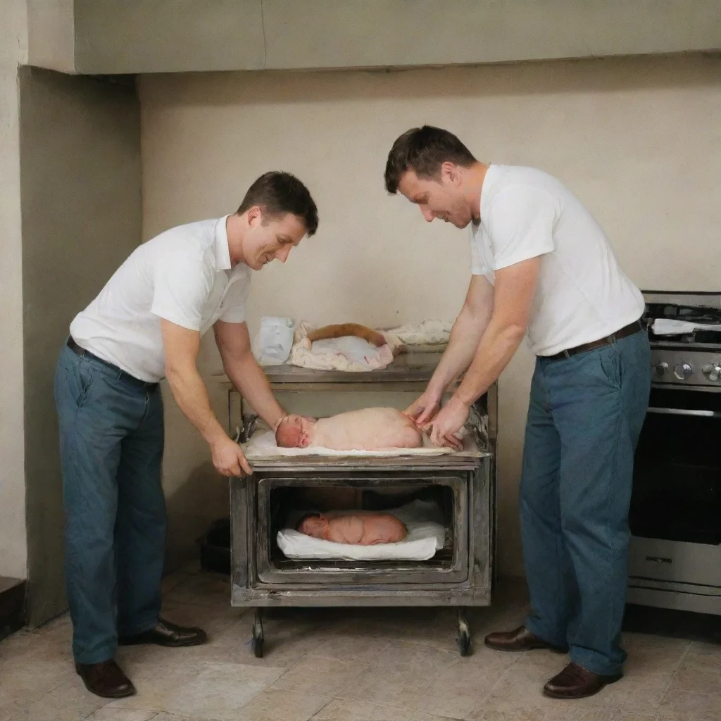 aiamazing men setting a newborn baby on a oven awesome portrait 2